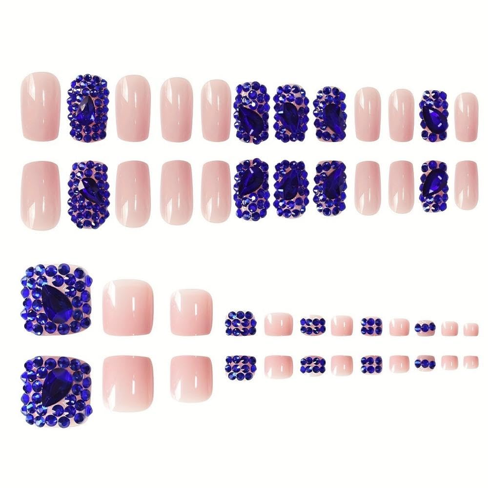 BLGTGH Diamond Press On Nails – Short Square Nails with Blue Rhinestones (48 Pcs)