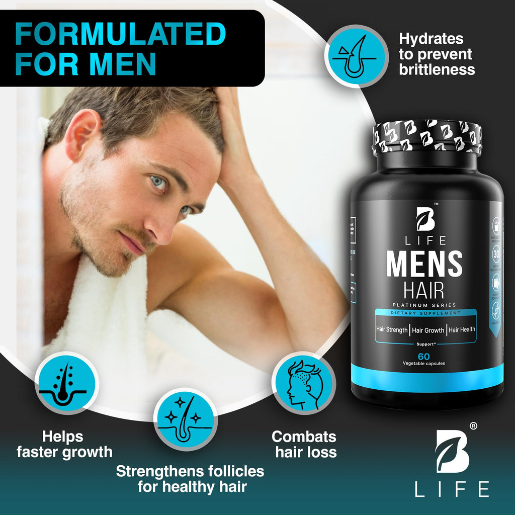 B Life Company Men's Hair Growth Supplement – Biotin, Collagen, Zinc & Vitamins A-C-E – 60 Capsules