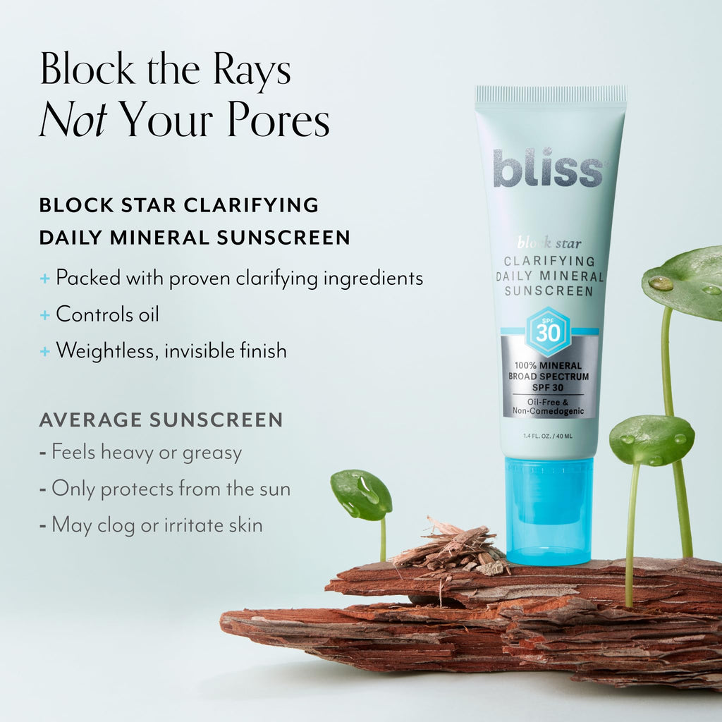 Bliss Block Star Clarifying Daily Mineral Sunscreen SPF 30 — Non-Comedogenic, Pore-Safe