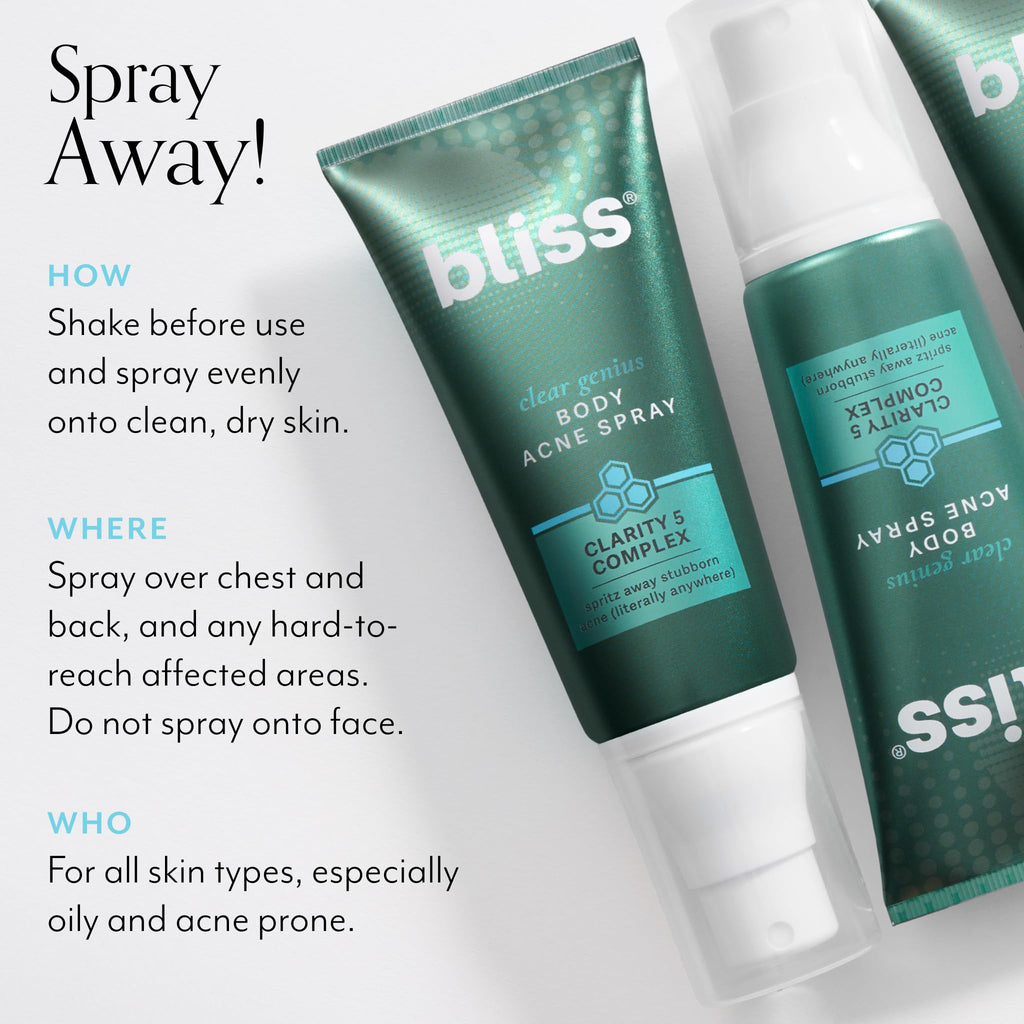 Bliss Clear Genius Body Acne Spray – 3.5 Fl Oz, 2% Salicylic Acid + Niacinamide