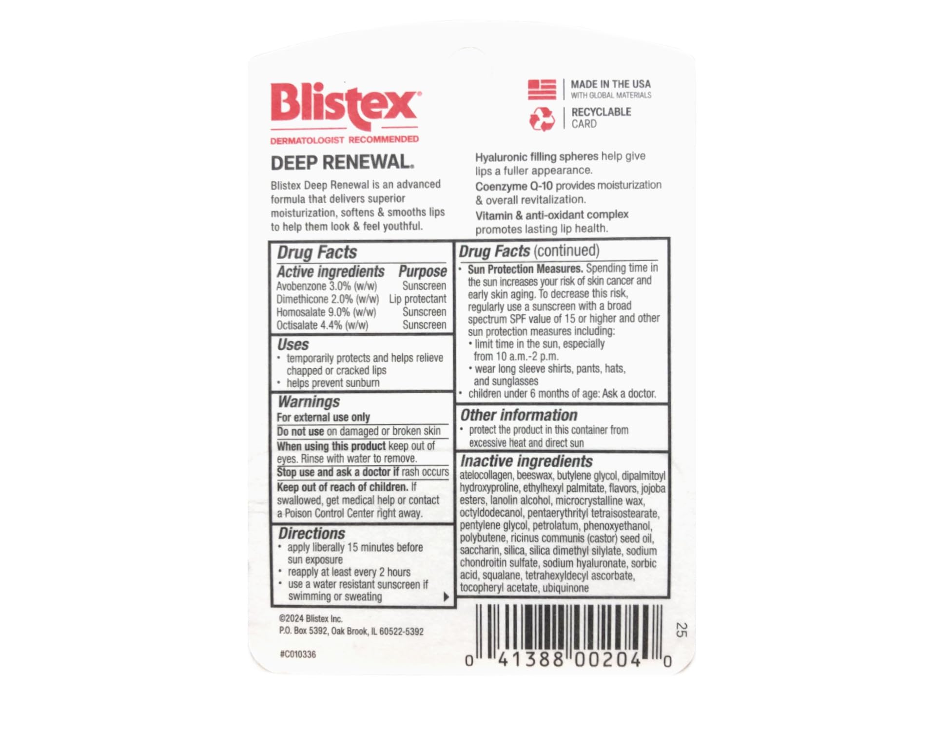 Blistex Deep Renewal Lip Protectant Sunscreen Balm SPF 15 — 0.13 oz (3.69 g) Value Pack of 12