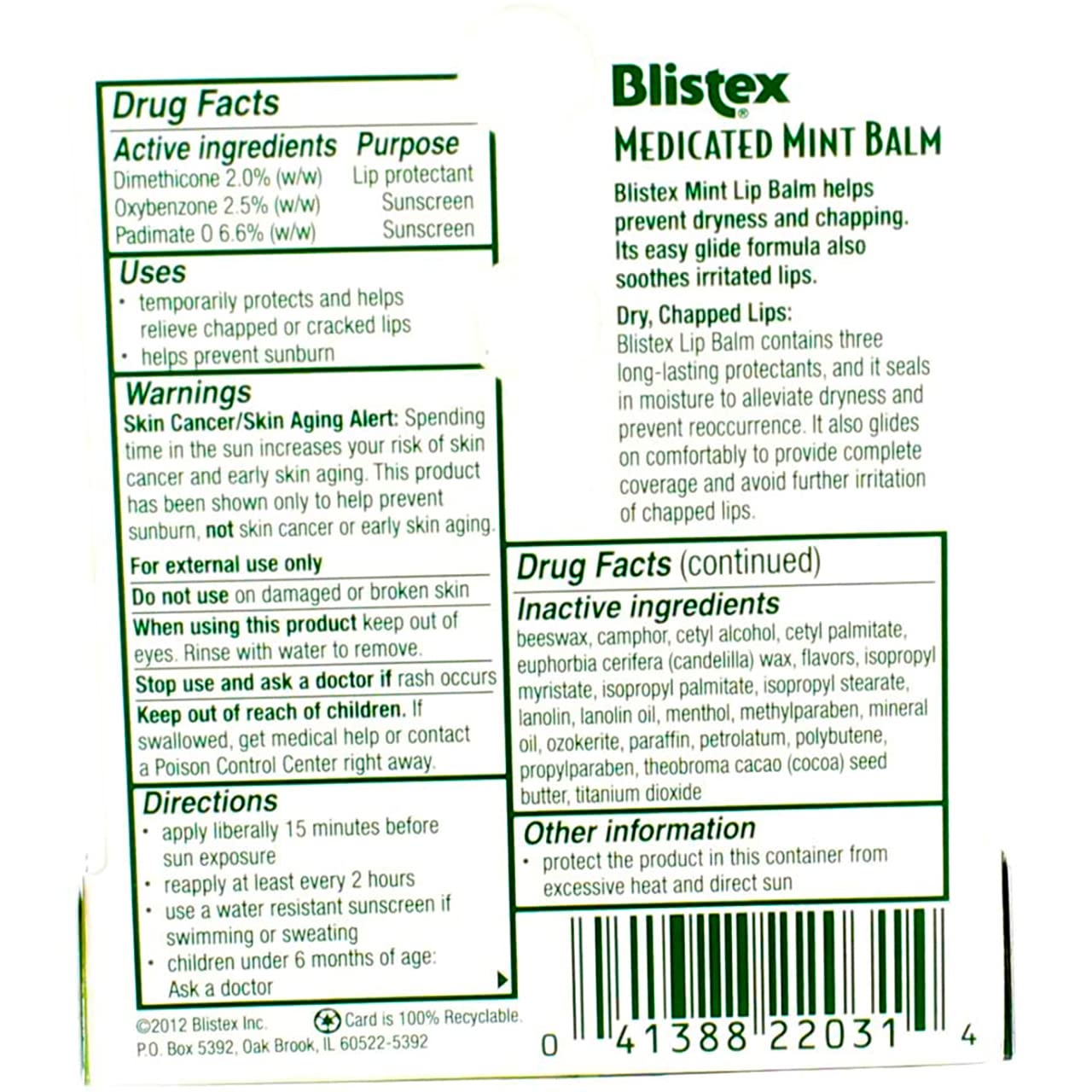 Blistex Medicated Mint Balm SPF 15 0.15 oz — Pack of 12