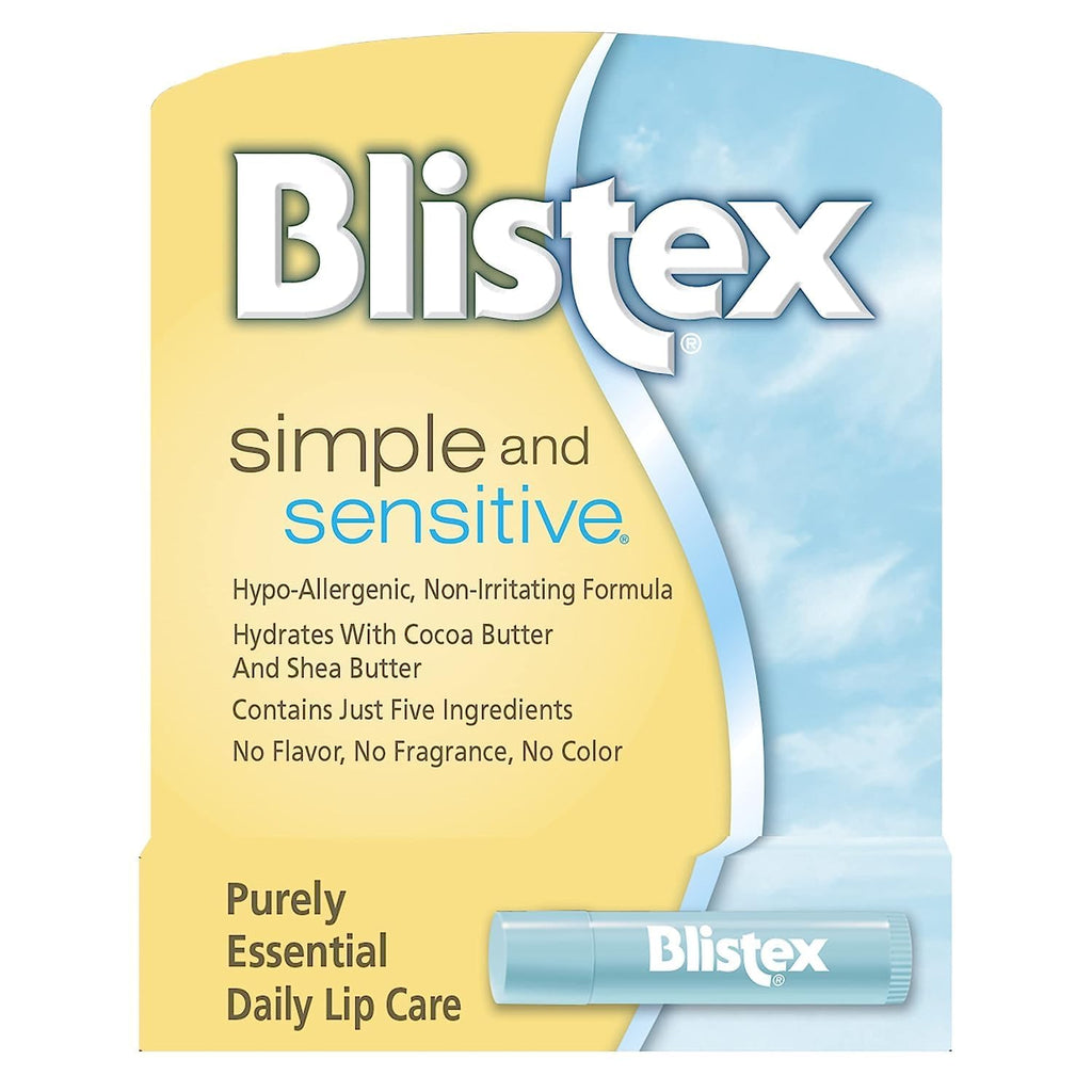 Blistex Simple and Sensitive Lip Moisturizer – Hypoallergenic, Cocoa & Shea Butter, 0.15 oz (12 Pack)