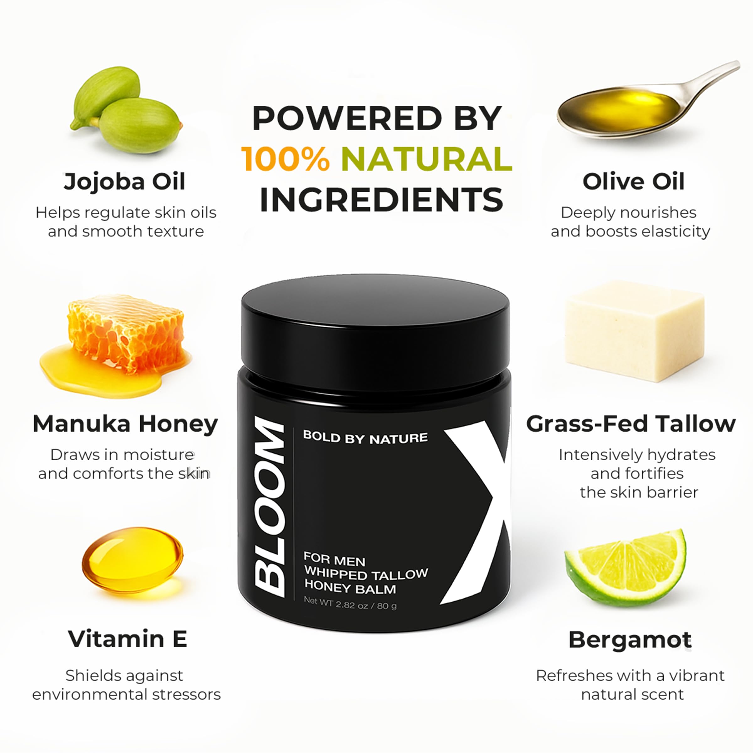 Bloomeo Natural Tallow & Honey Balm for Men | 2.82 oz Whipped Beef Tallow Moisturizer