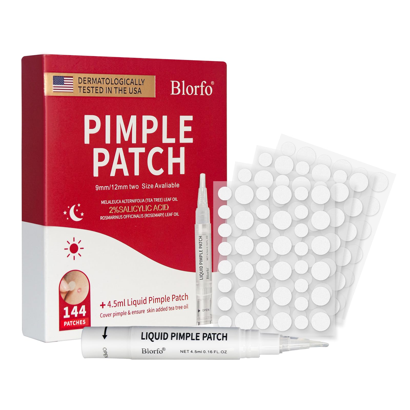 Blorfo Pimple Patches for Face – Hydrocolloid Acne Patches Set (144 Count) 9mm & 12mm with Tea Tree & Salicylic Acid