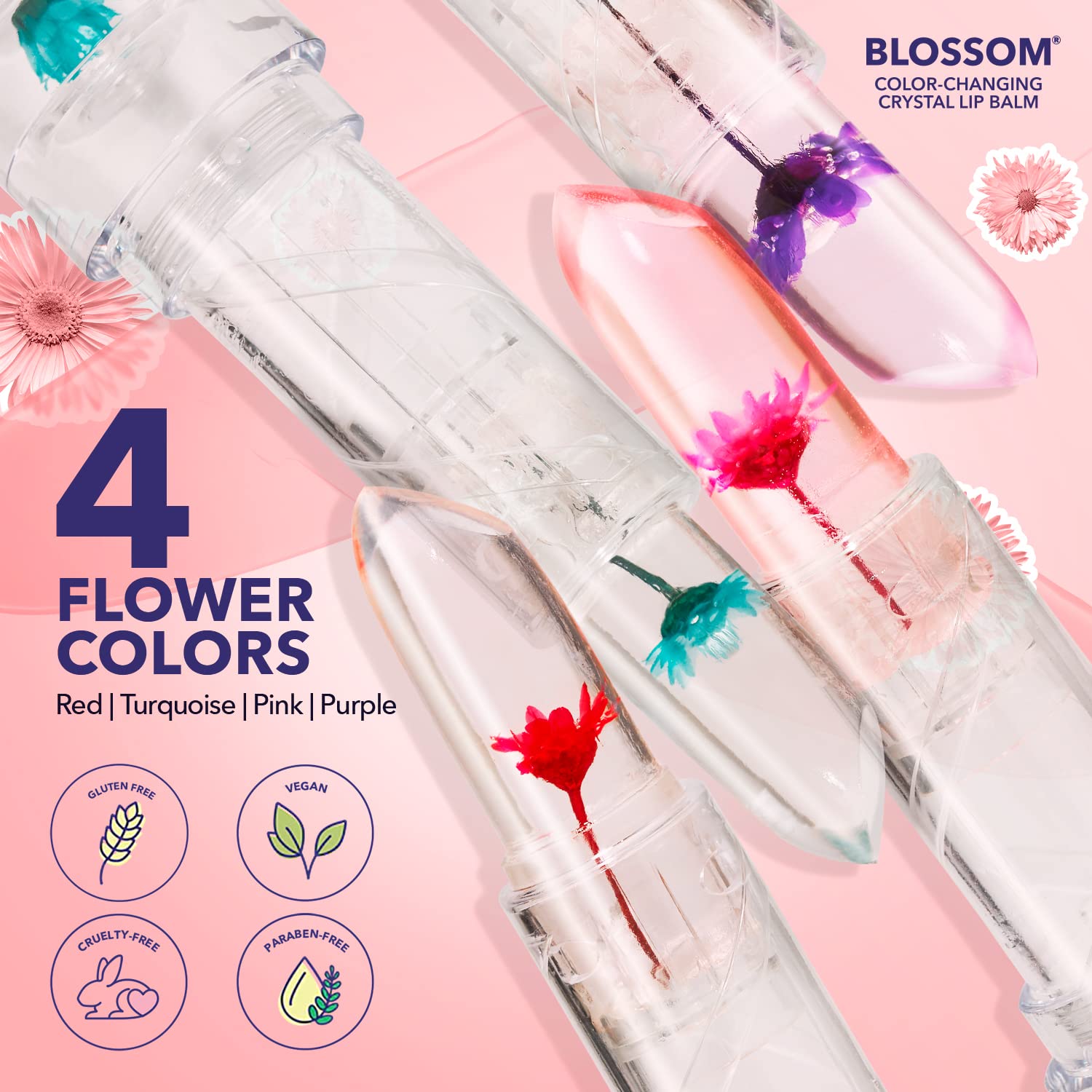 Blossom pH Color-Changing Lip Balm 2-Pack – Red & Blush, Strawberry Scent, Real Flower Infused