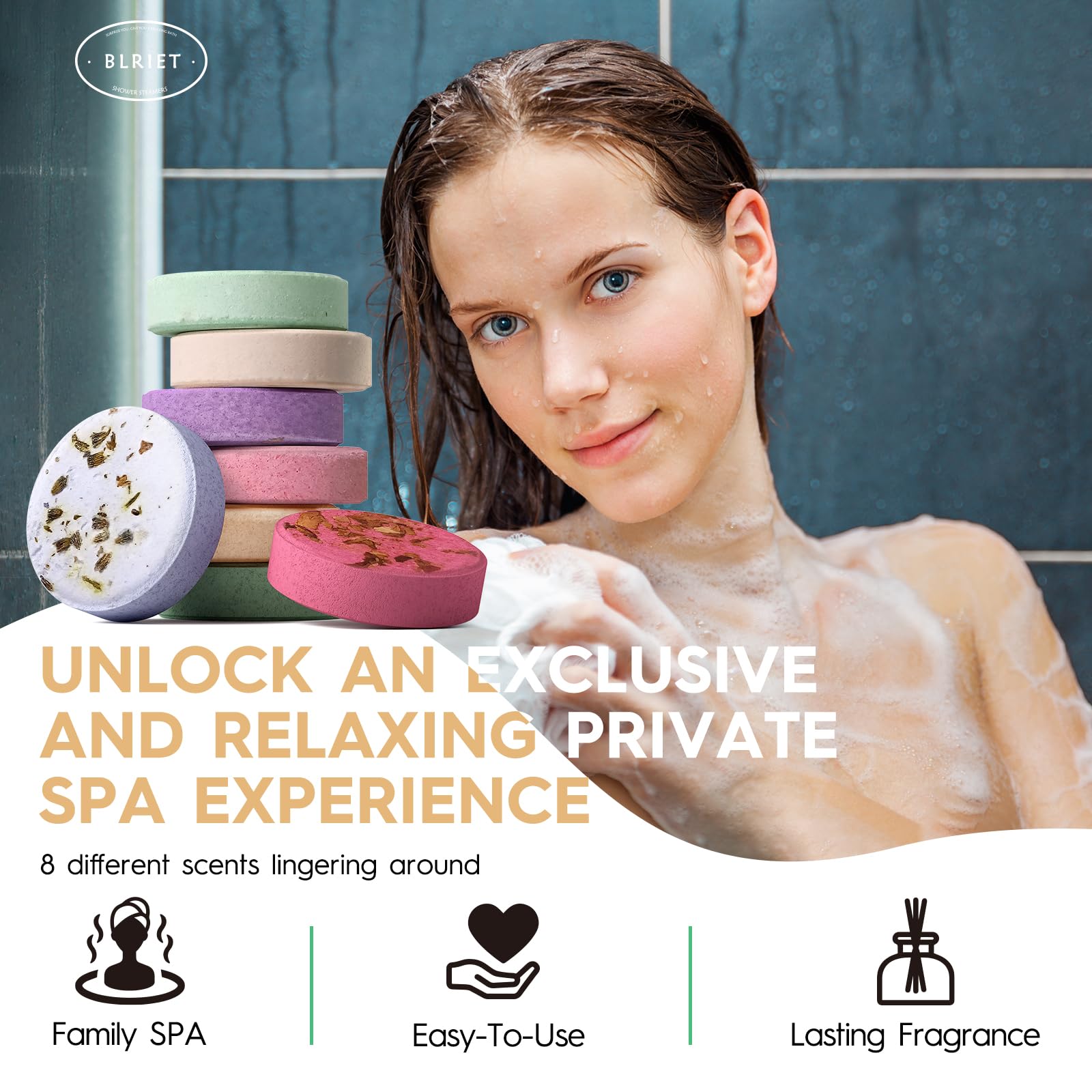 BLRIET Shower Steamers Aromatherapy - 8-Pack Fruit Scents | At-Home Spa Gift