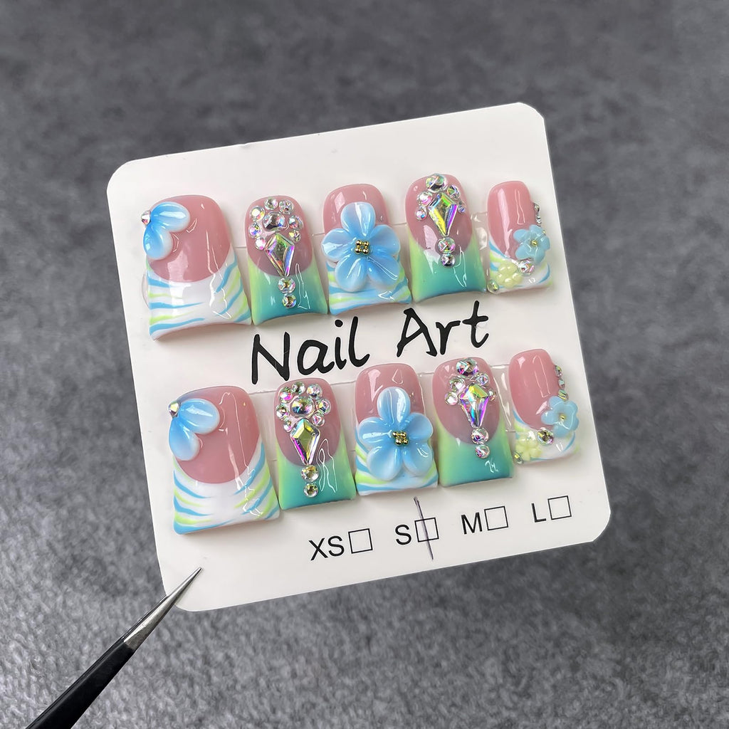 10Pcs Blue Flower Press On Nails - Handmade Short Duck Design with 3D Rhinestones