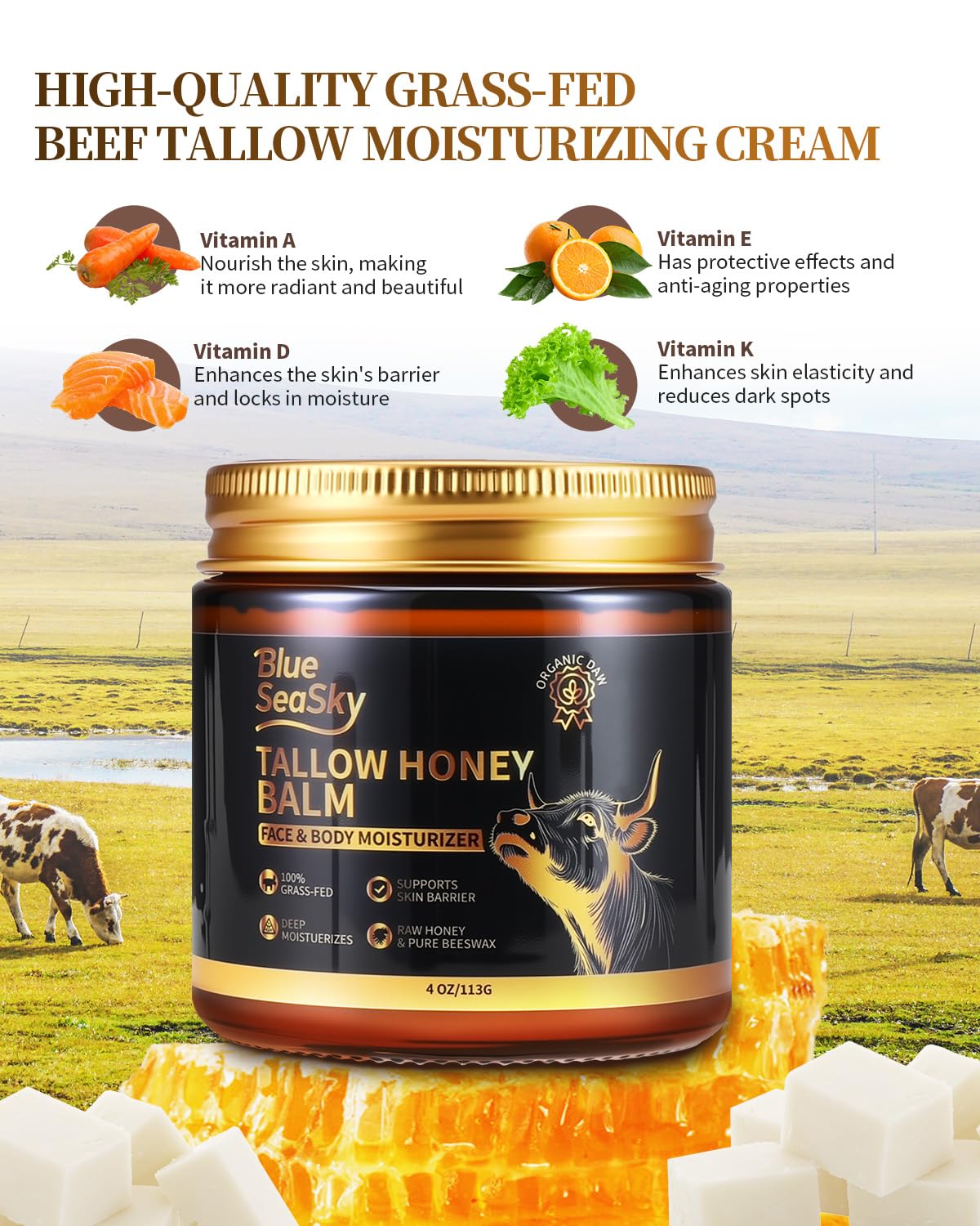 Blue Sea Sky Beef Tallow Skin Moisturizer – Handmade Whipped Tallow for Face, Hands & Body (4 oz)