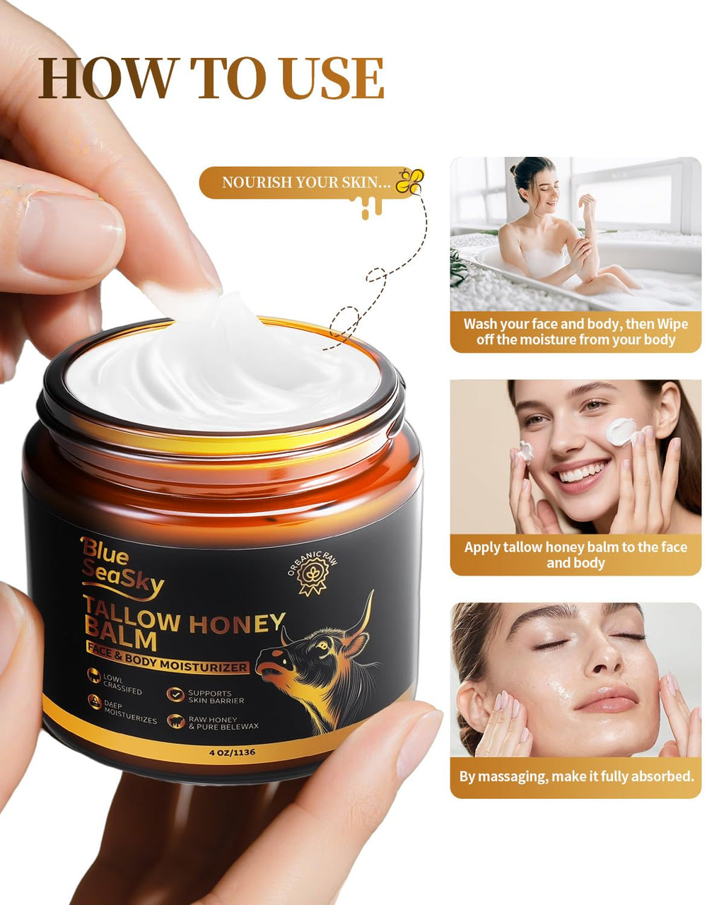 Blue Sea Sky Beef Tallow Skin Moisturizer – Handmade Whipped Tallow for Face, Hands & Body (4 oz)
