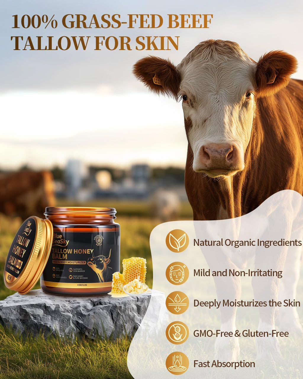 Blue Sea Sky Upgraded Beef Tallow Balm – Organic Honey, Unscented 4oz