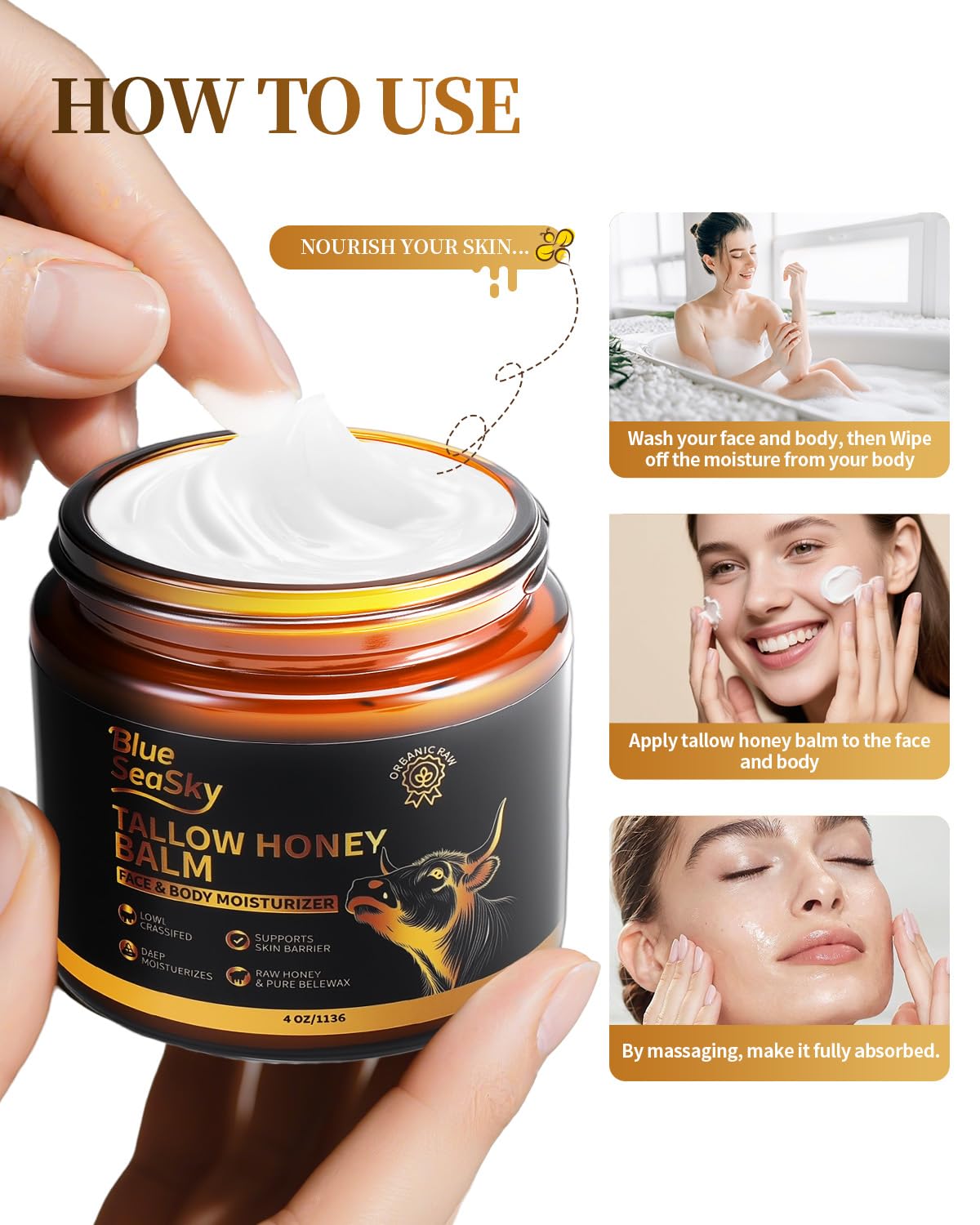 Blue Sea Sky Upgraded Beef Tallow Balm – Organic Honey, Unscented 4oz