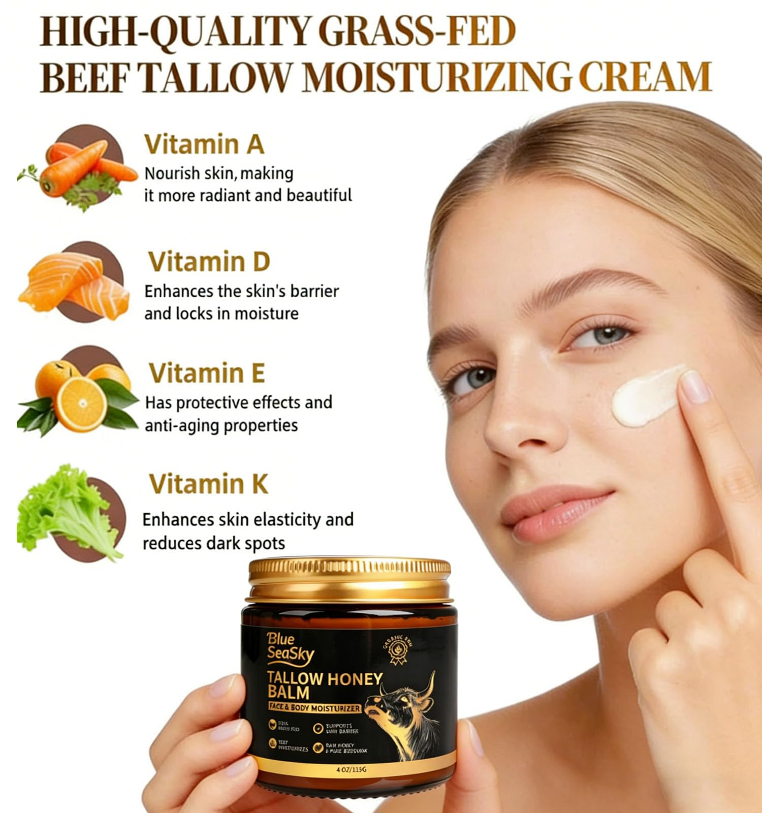 Blue Sea Sky Upgraded Beef Tallow Balm – Organic Honey, Unscented 4oz