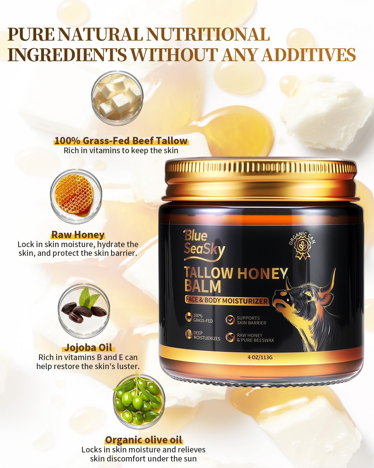 Blue Sea Sky Upgraded Beef Tallow Balm – Organic Honey, Unscented 4oz