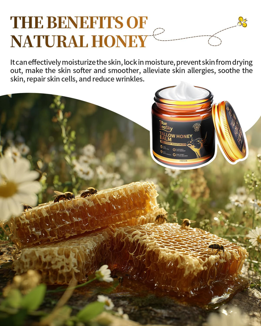 Blue Sea Sky Upgraded Beef Tallow Balm – Organic Honey, Unscented 4oz