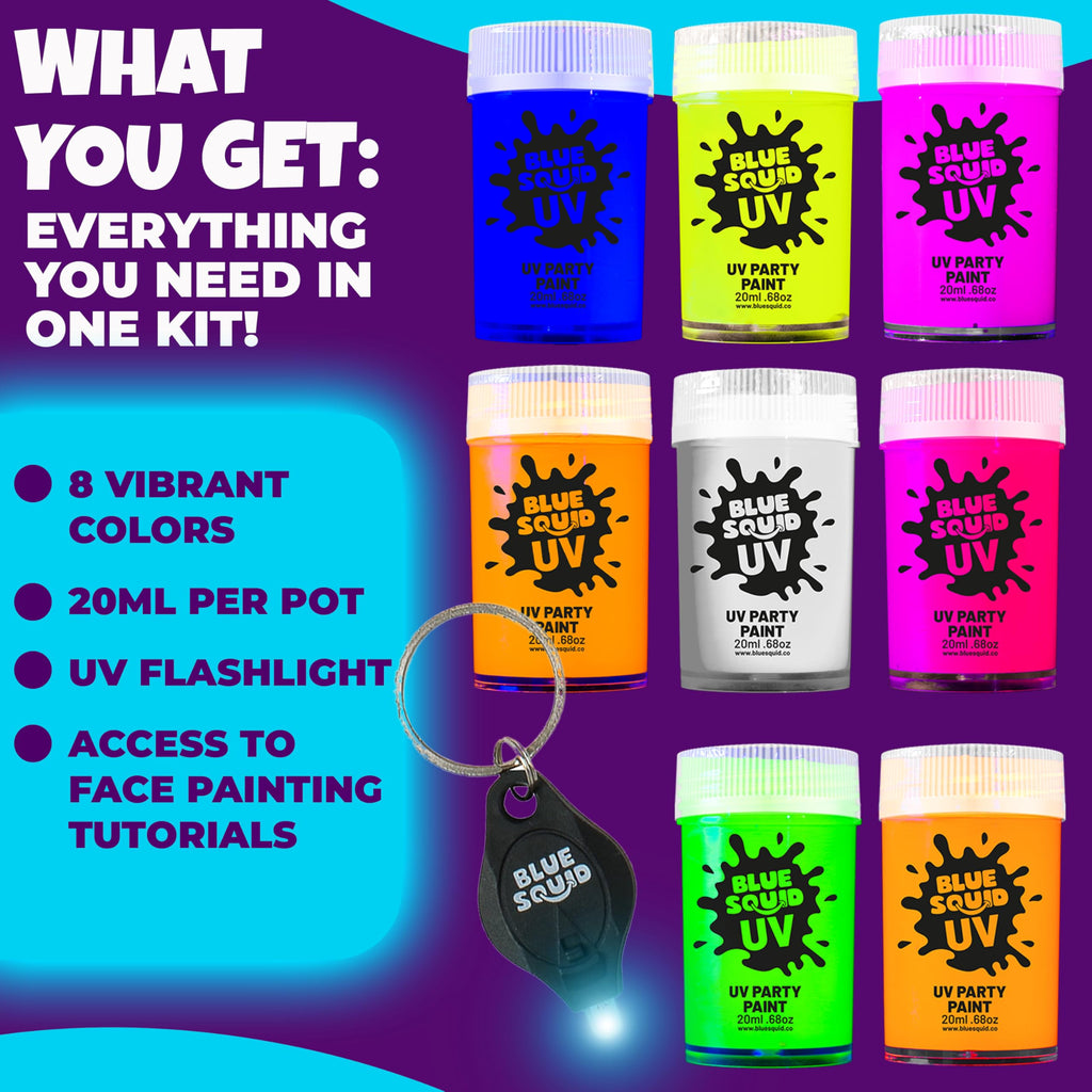 Blue Squid UV Body Paint – Glow-in-the-Dark Neon Face & Body Kit (8x20ml) with Mini UV Torch