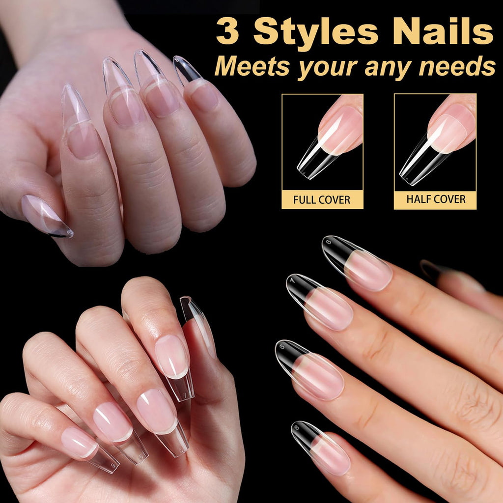 BlueZOO Gel Long Nail Tips – 360Pcs Pre-etched Almond, Coffin, Oval Press-On Nails | Salon-Quality DIY Kit