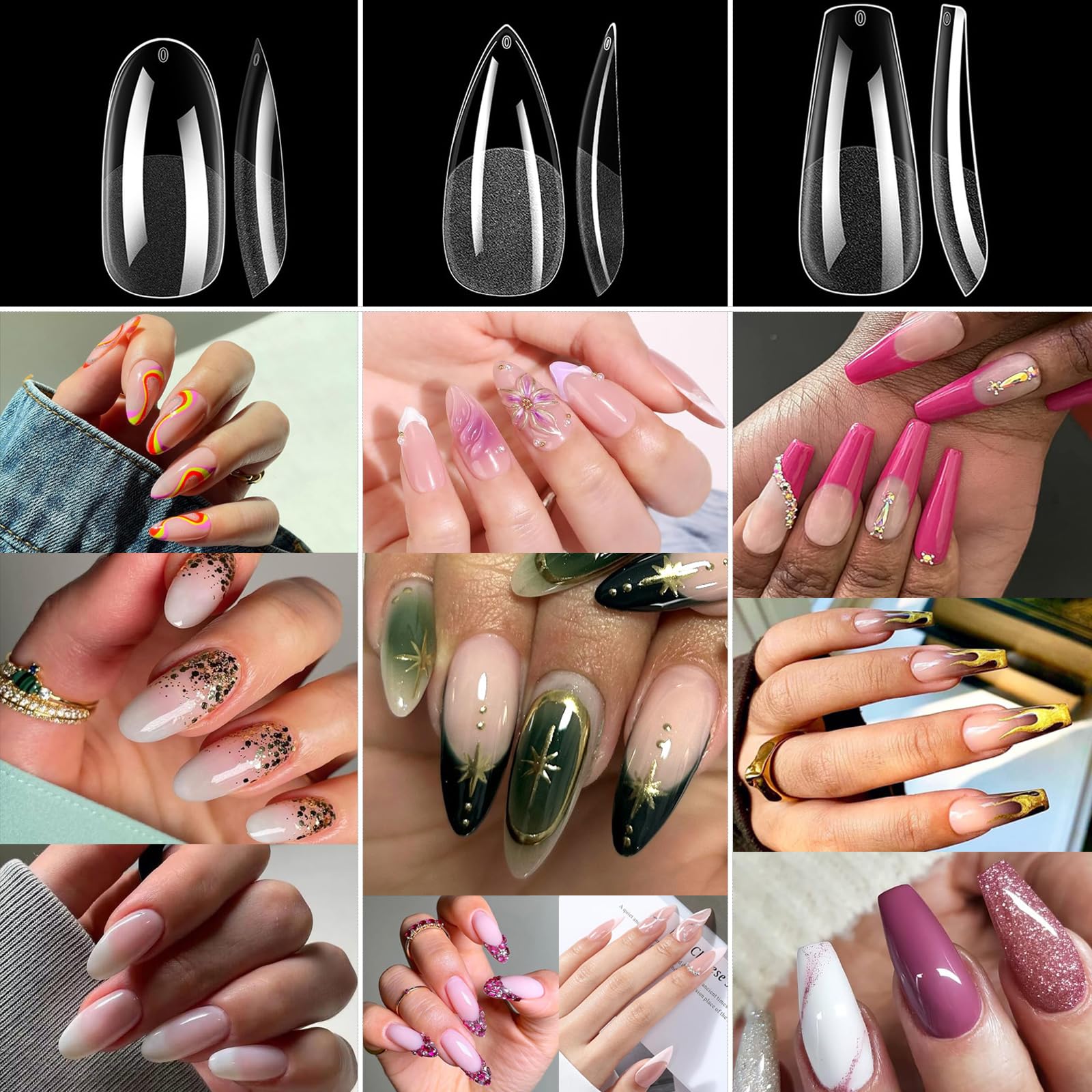 BlueZOO Gel Long Nail Tips – 360Pcs Pre-etched Almond, Coffin, Oval Press-On Nails | Salon-Quality DIY Kit