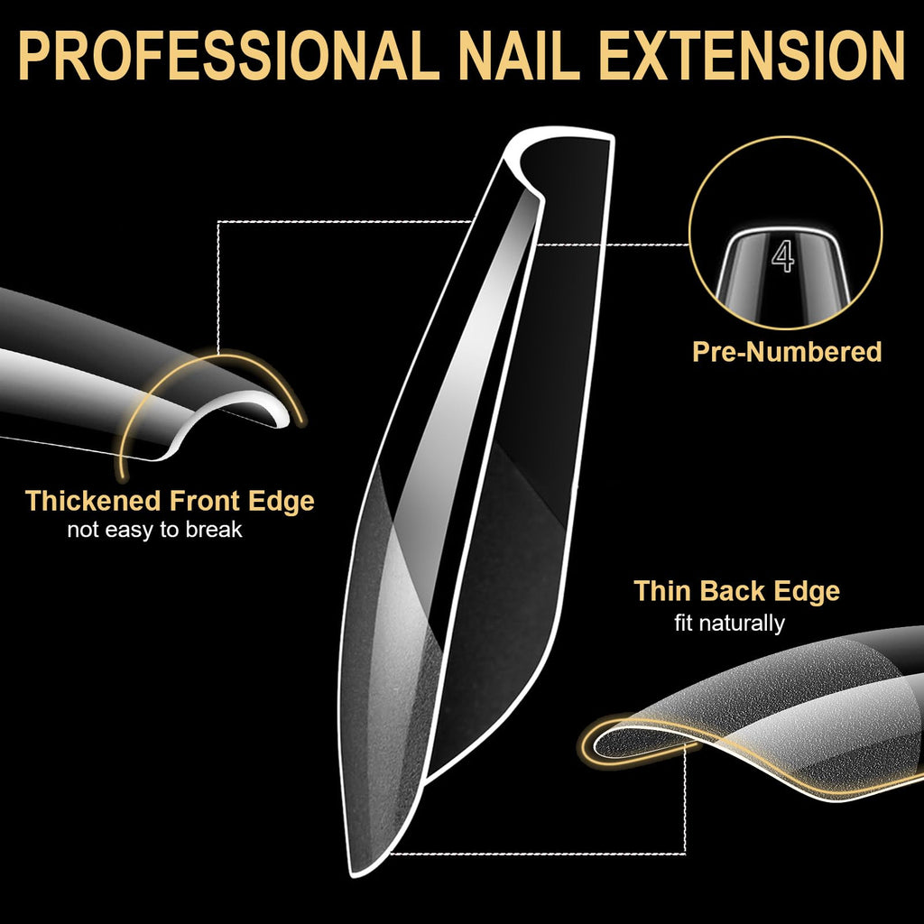 BlueZOO Gel Long Nail Tips – 360Pcs Pre-etched Almond, Coffin, Oval Press-On Nails | Salon-Quality DIY Kit