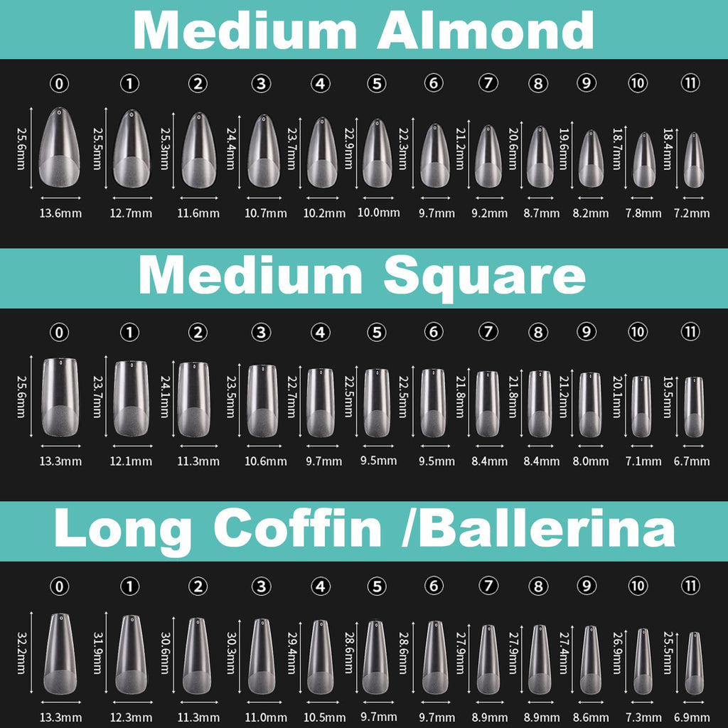 BlueZOO 3 Shapes Soft Gel Nail Tips Kit – Almond, Square, Coffin (360Pcs, 12 Sizes)