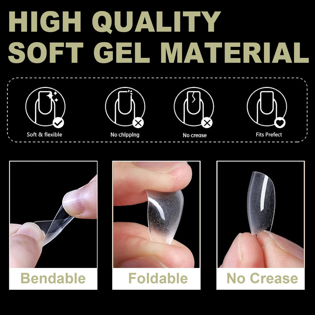 BlueZOO 600Pcs Short Almond & Tapered Round Soft Gel Nail Tips Set – 15 Sizes, 2 Shapes, Clear