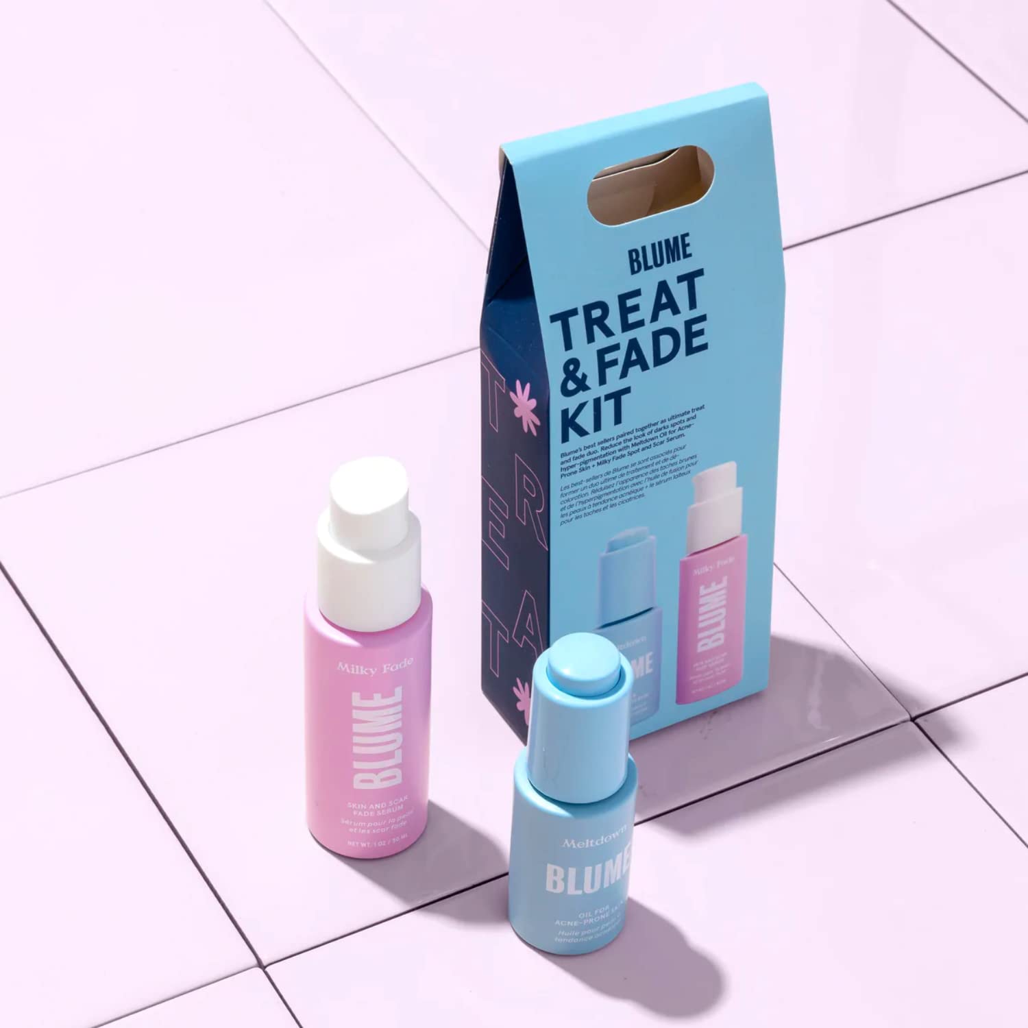 Blume Treat & Fade Acne Skin Care Set – 2-Step Acne Scar & Dark Spot Solution | Meltdown Oil + Milky Fade Serum