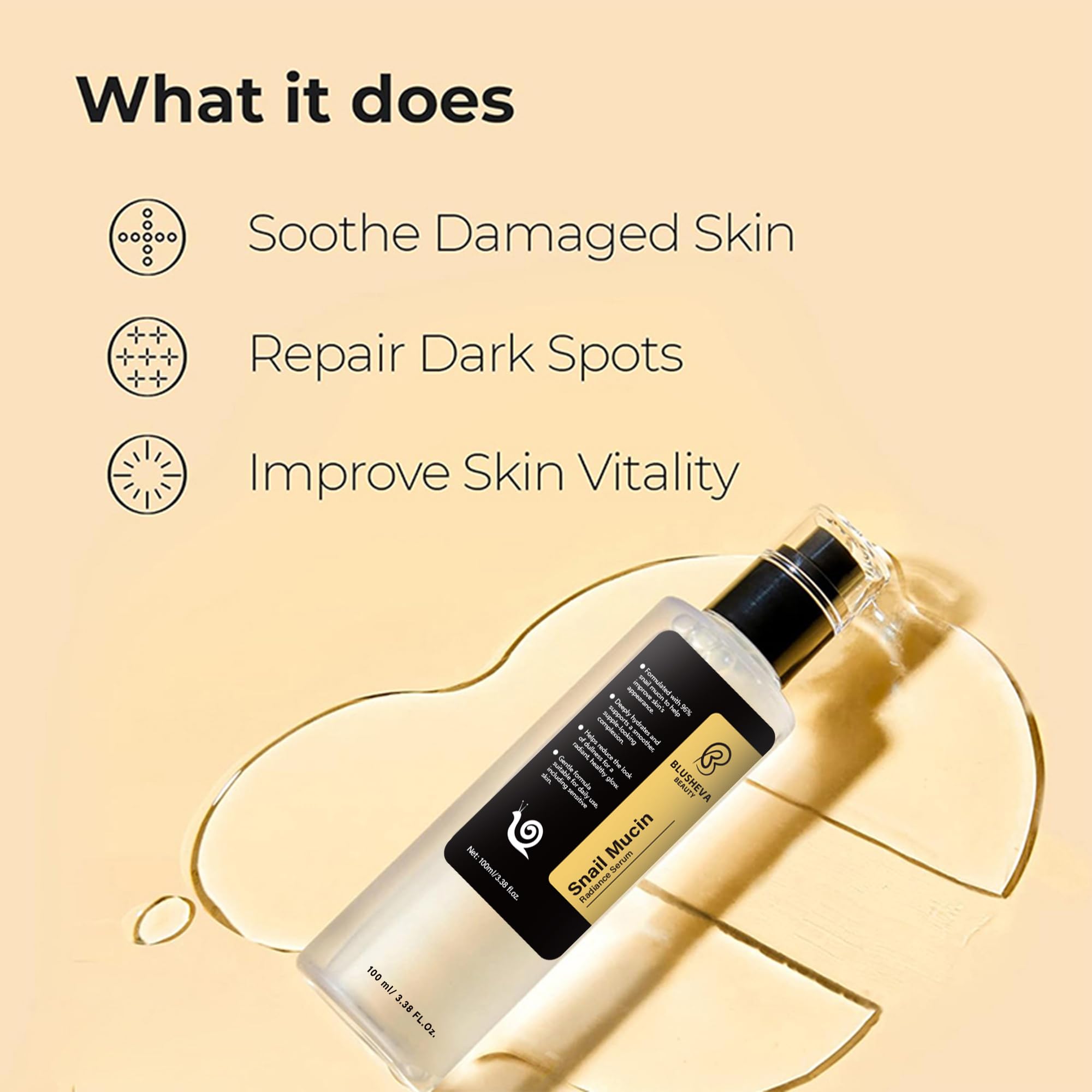 Blusheva Beauty Snail Mucin Radiance Serum – 96% Snail Filtrate Hydration & Anti-Aging, 100ml