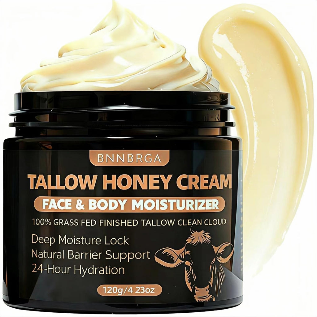 BNNBRGA Beef Tallow Cream for Face & Skin – 4.23oz with Organic Grass-Fed Tallow & Manuka Honey