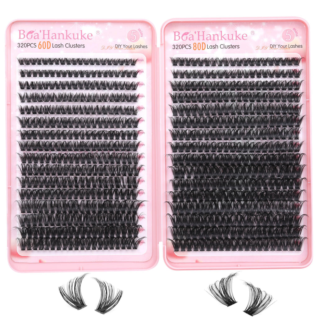 Boahankuke 640PCS Lash Clusters – DIY Volume Eyelash Extensions, D Curl & Wispy Styles (60D 8-16mm, 80D 10-18mm)