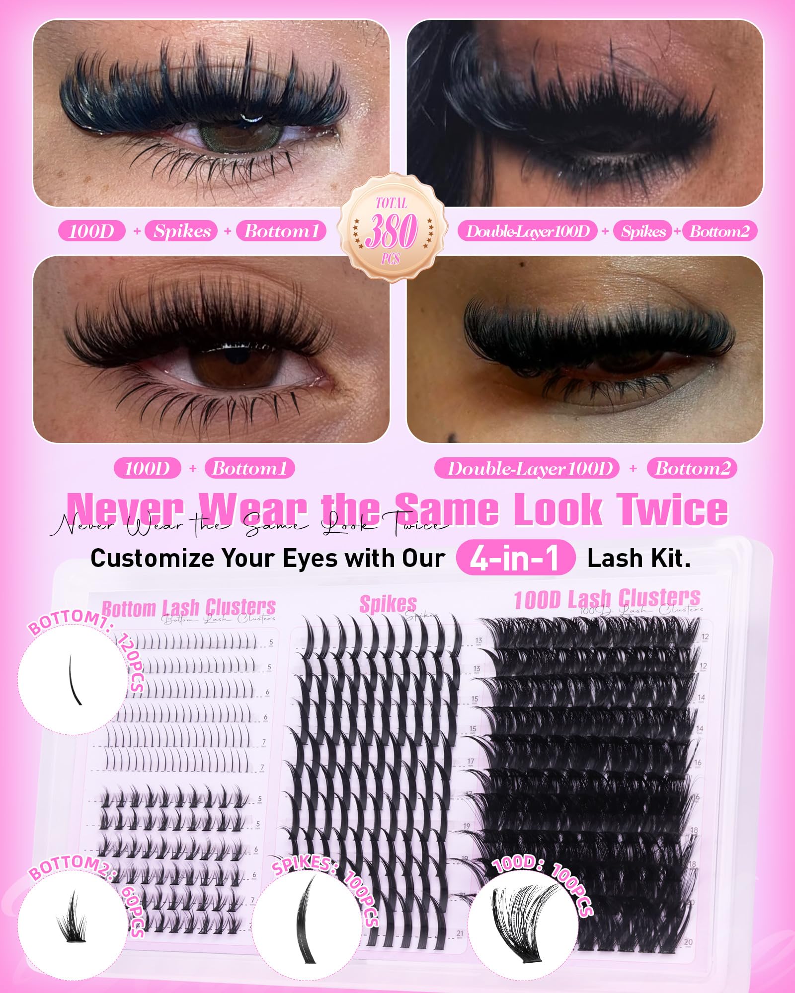Boahankuke Lash Clusters Kit with Spikes — 380Pcs, 4 Styles, 2-in-1 Bond & Seal, Tweezers
