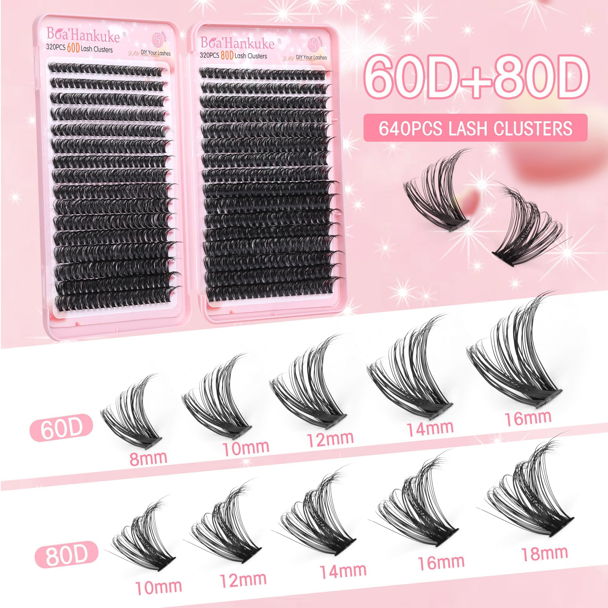 Boahankuke 640PCS Lash Clusters – DIY Volume Eyelash Extensions, D Curl & Wispy Styles (60D 8-16mm, 80D 10-18mm)