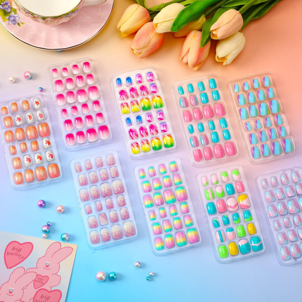 BOARDFEB 216Pcs Kids Press-On Nails – 9-Box Gradient Style Short Full-Cover Nails
