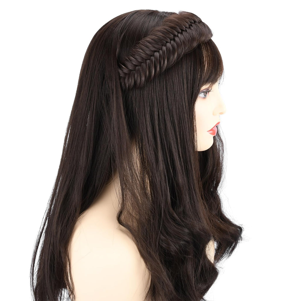 BOBIYA Wide Fishtail Headband for Women – Chocolate Synthetic Plaited Braids with Elastic Stretch