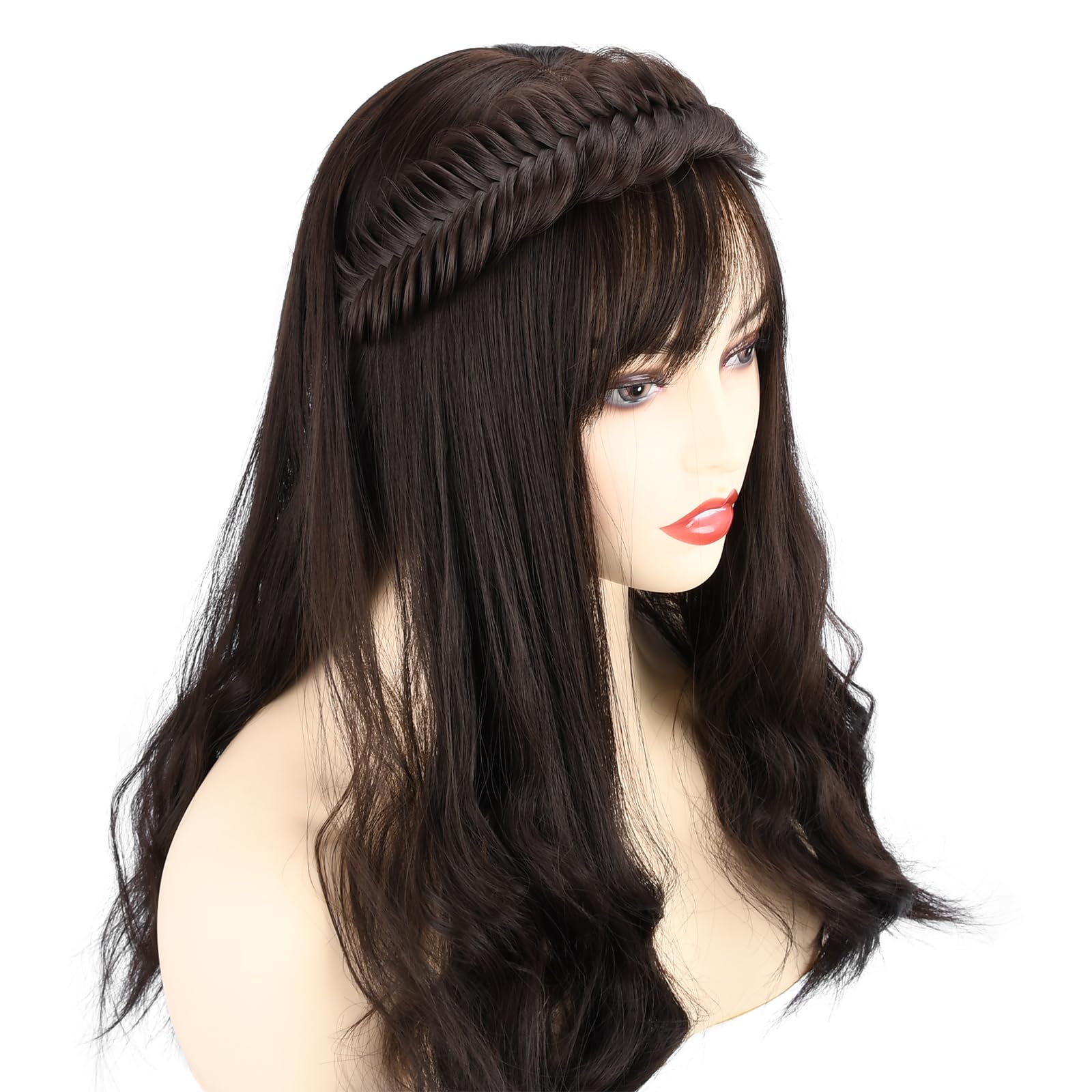BOBIYA Wide Fishtail Headband for Women – Chocolate Synthetic Plaited Braids with Elastic Stretch