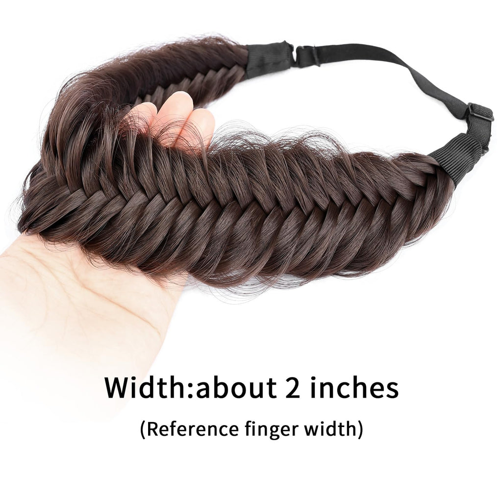 BOBIYA Wide Fishtail Headband for Women – Chocolate Synthetic Plaited Braids with Elastic Stretch