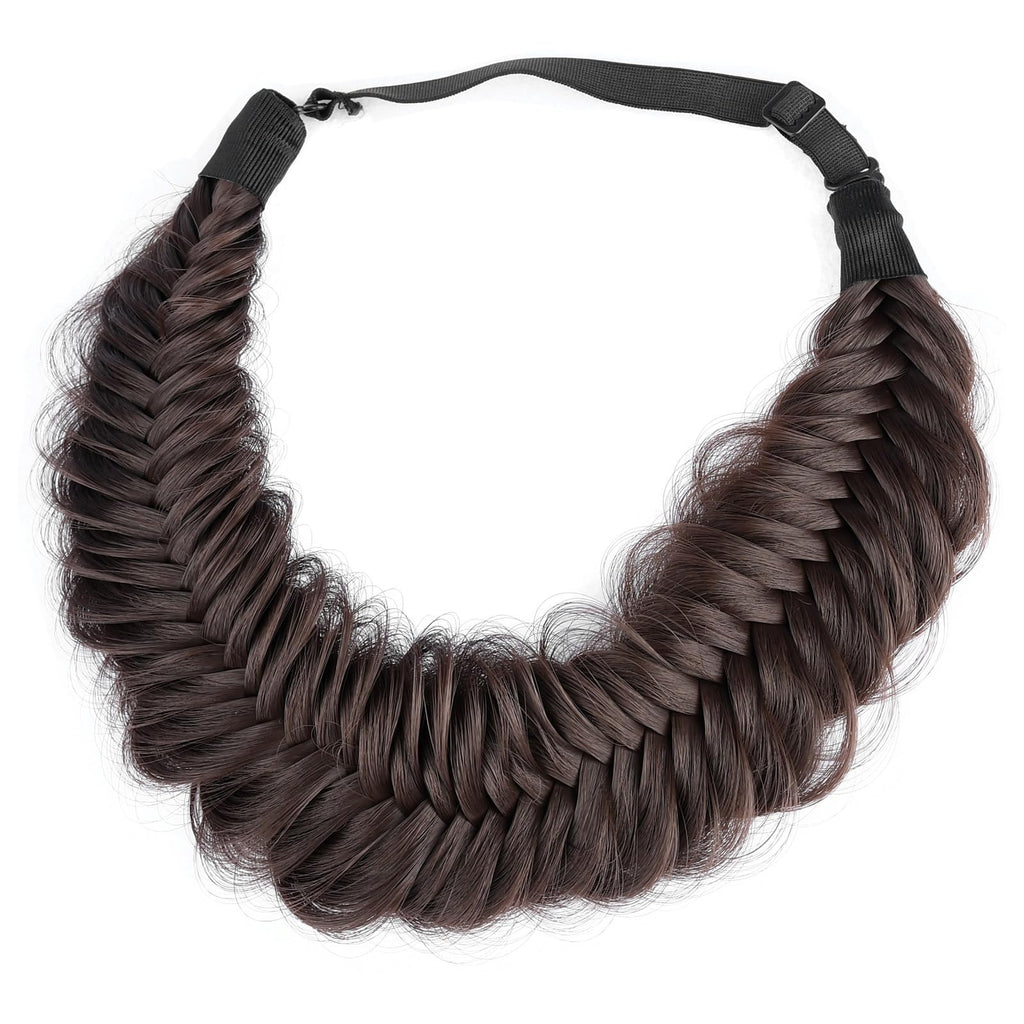 BOBIYA Wide Fishtail Headband for Women – Chocolate Synthetic Plaited Braids with Elastic Stretch