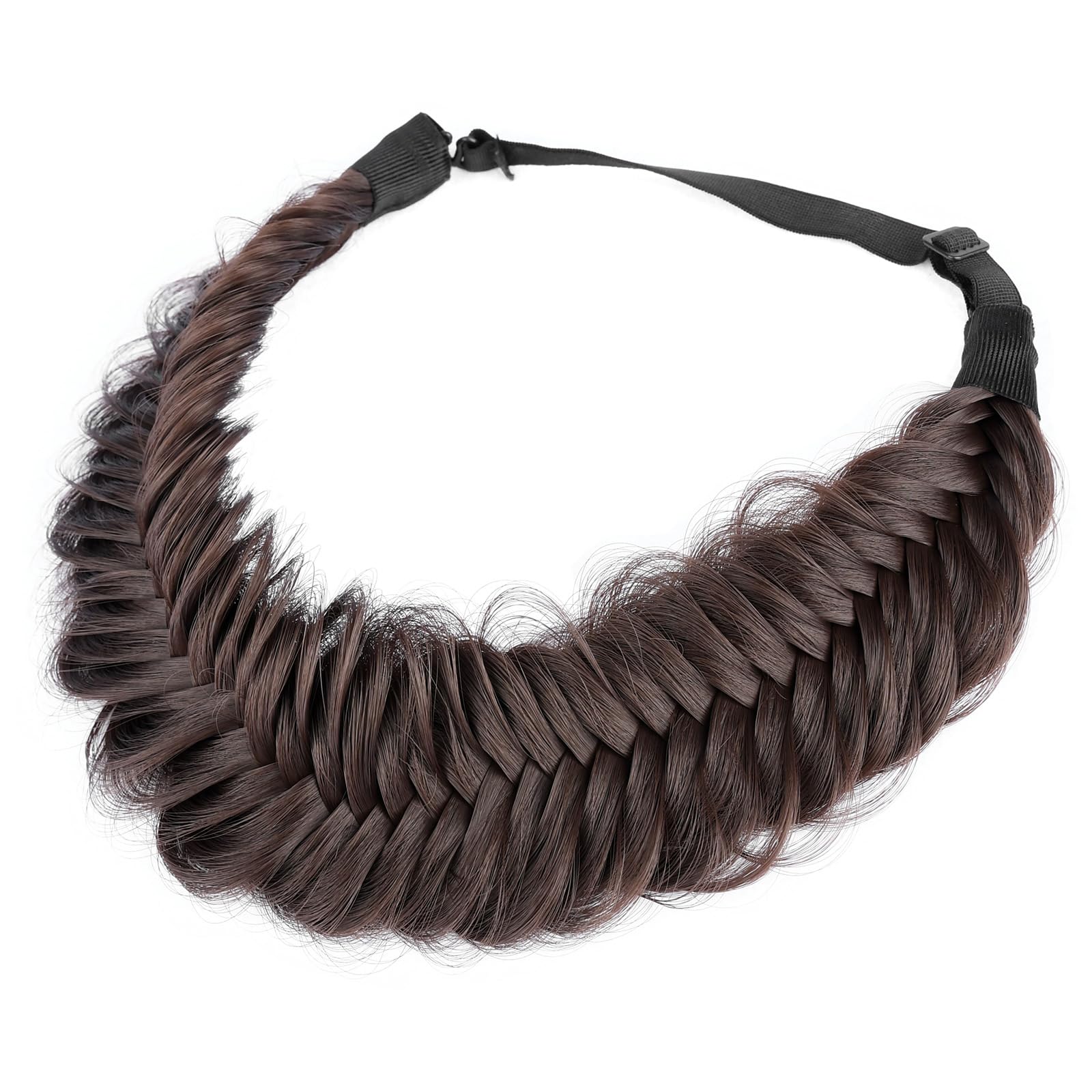 BOBIYA Wide Fishtail Headband for Women – Chocolate Synthetic Plaited Braids with Elastic Stretch