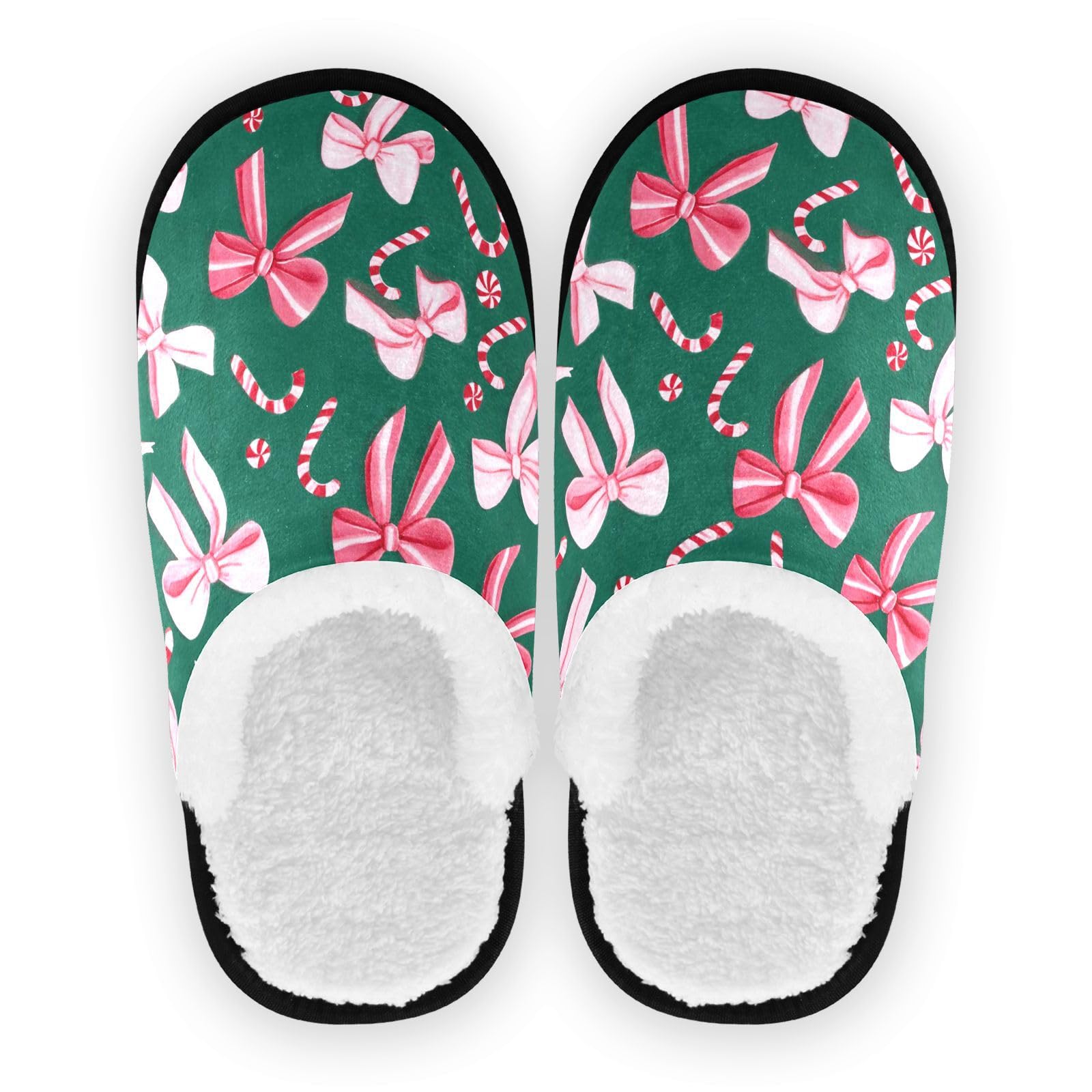 Boccsty Christmas Pink Green Bow Spa Slippers – Cozy Flannel, Non-Slip Indoor/Outdoor (Size L)