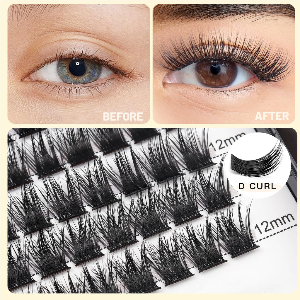Bodermincer 120-Cluster Mixed Wide Lash Extensions (10-12mm) – D Curl, 0.07mm Thick