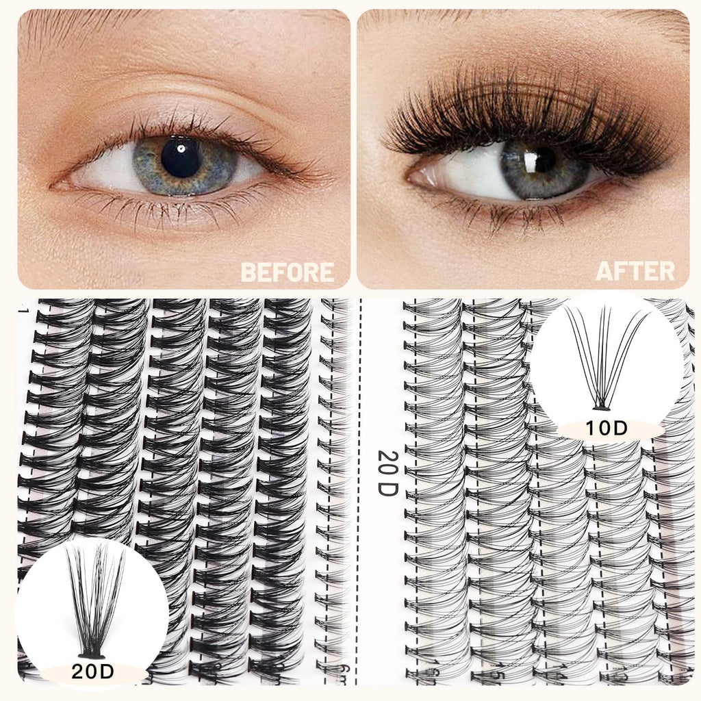 Bodermincer 240pcs Lash Extensions – C Curl, 10D/20D Mixed Clusters (8–16mm) for Professionals