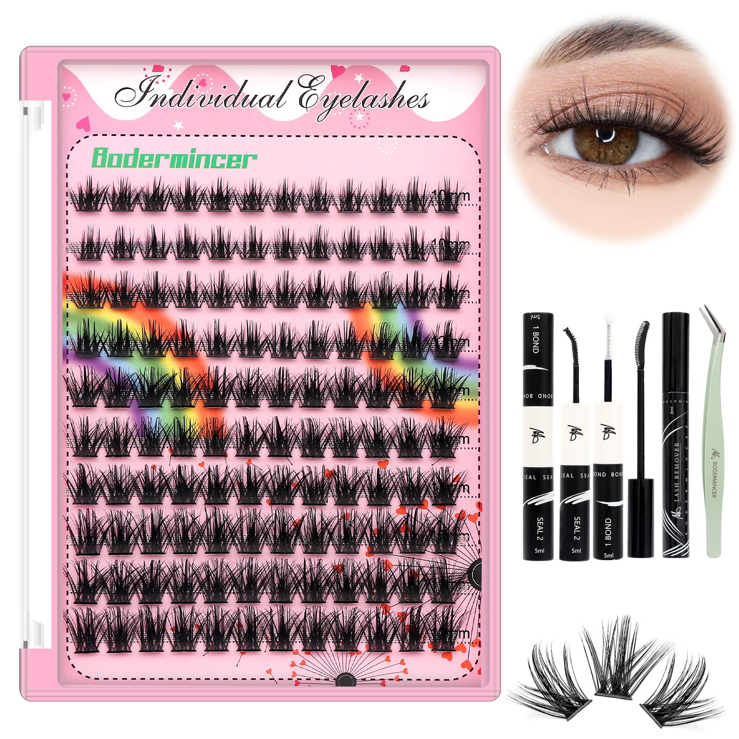 Bodermincer Lashes Clusters Kit 10-12mm to 18mm, 120 Clusters, 0.07mm D Curl