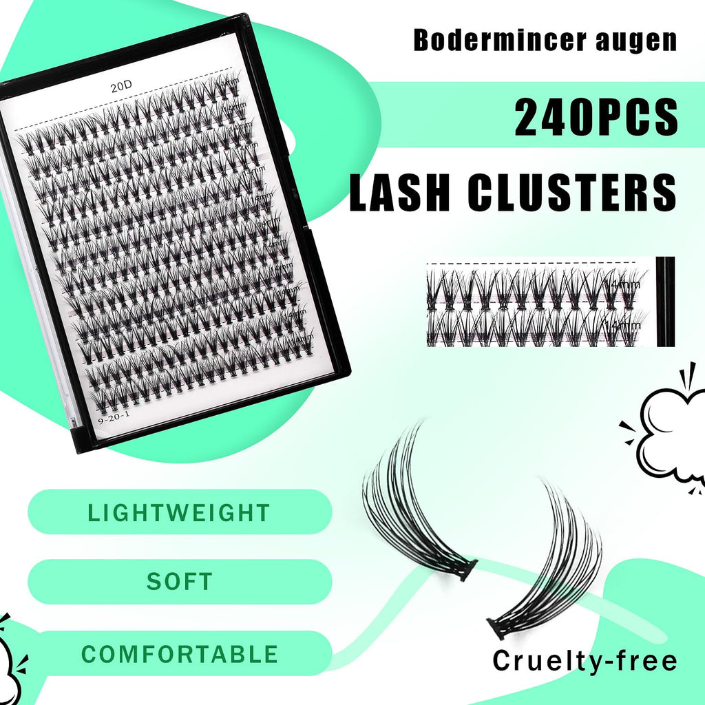 Bodermincer Black Cluster Lashes 240pcs 20D/40D DIY Eyelash Extensions – D Curl, 8–22mm