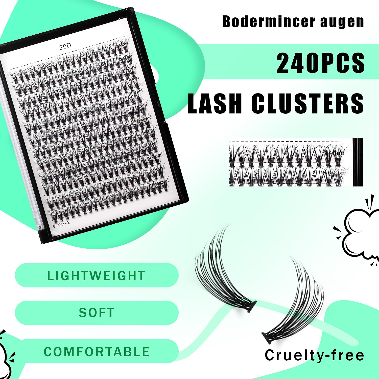 Bodermincer Black Cluster Lashes 240pcs 20D/40D DIY Eyelash Extensions – D Curl, 8–22mm