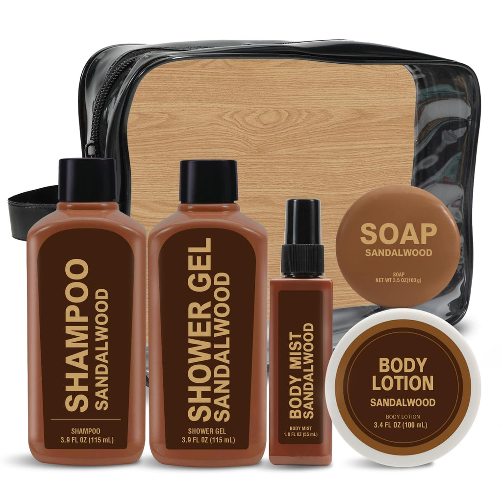 Body & Earth 6-Piece Sandalwood Travel Bath Set for Men – Shampoo, Shower Gel, Soap, Lotion & Body Wash