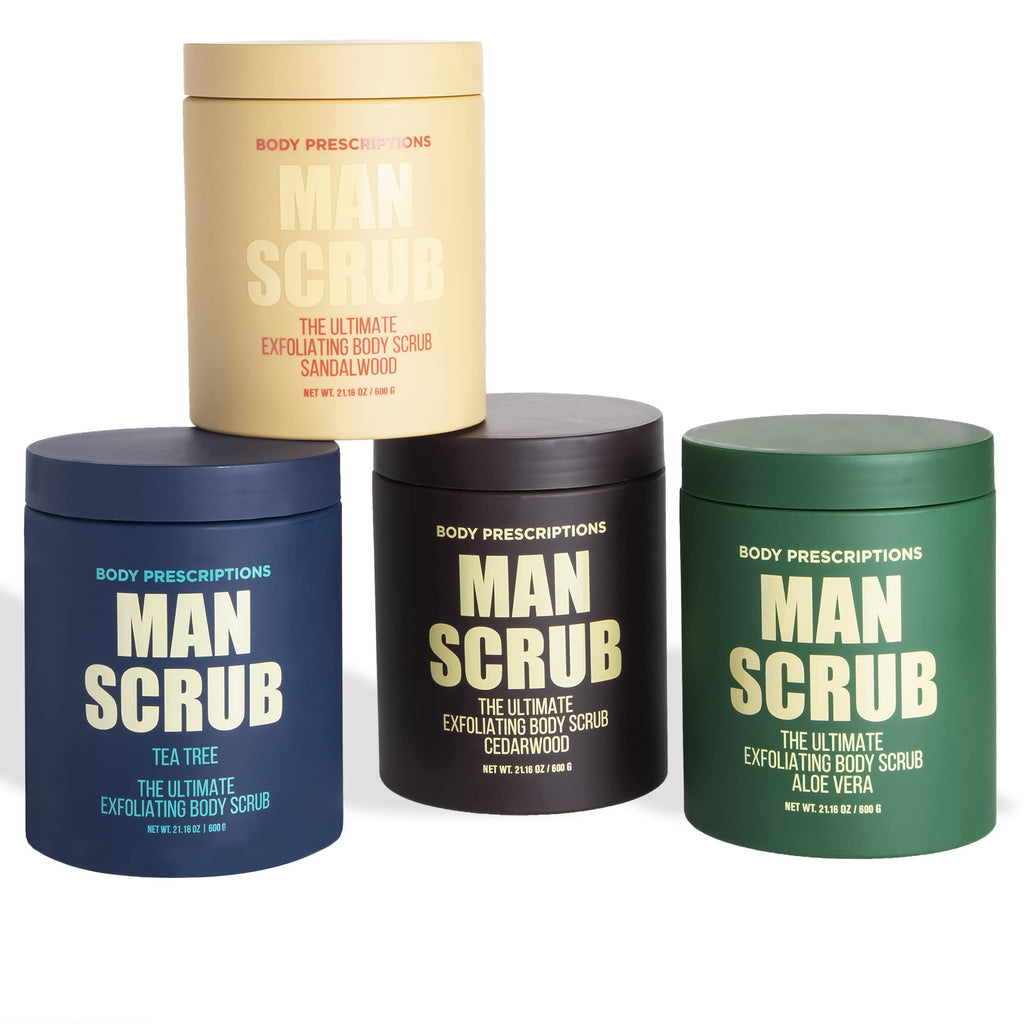 Body Prescriptions Men’s Exfoliating Body Scrub – Ultimate Skin Cleansing Wash in Jar with Twist-Top Lid, For All Skin Types, 21 Ounce (Pack of 4), Combo Pack
