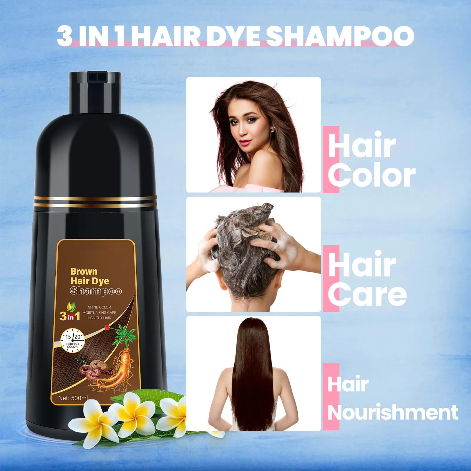 BOJICA Hair Color Shampoo – 3-in-1 Brown Dye, Gray Coverage, Semi-Permanent (16.9 fl oz)