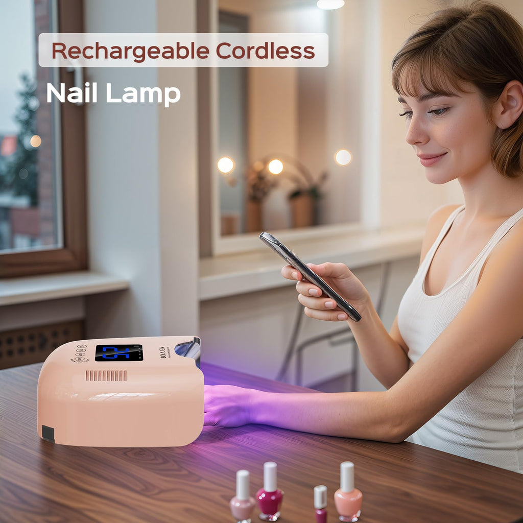 BOLASEN Cordless UV Nail Lamp 54W - Fast Curing, Rechargeable LED Dryer with Metal Reflector (Pink)