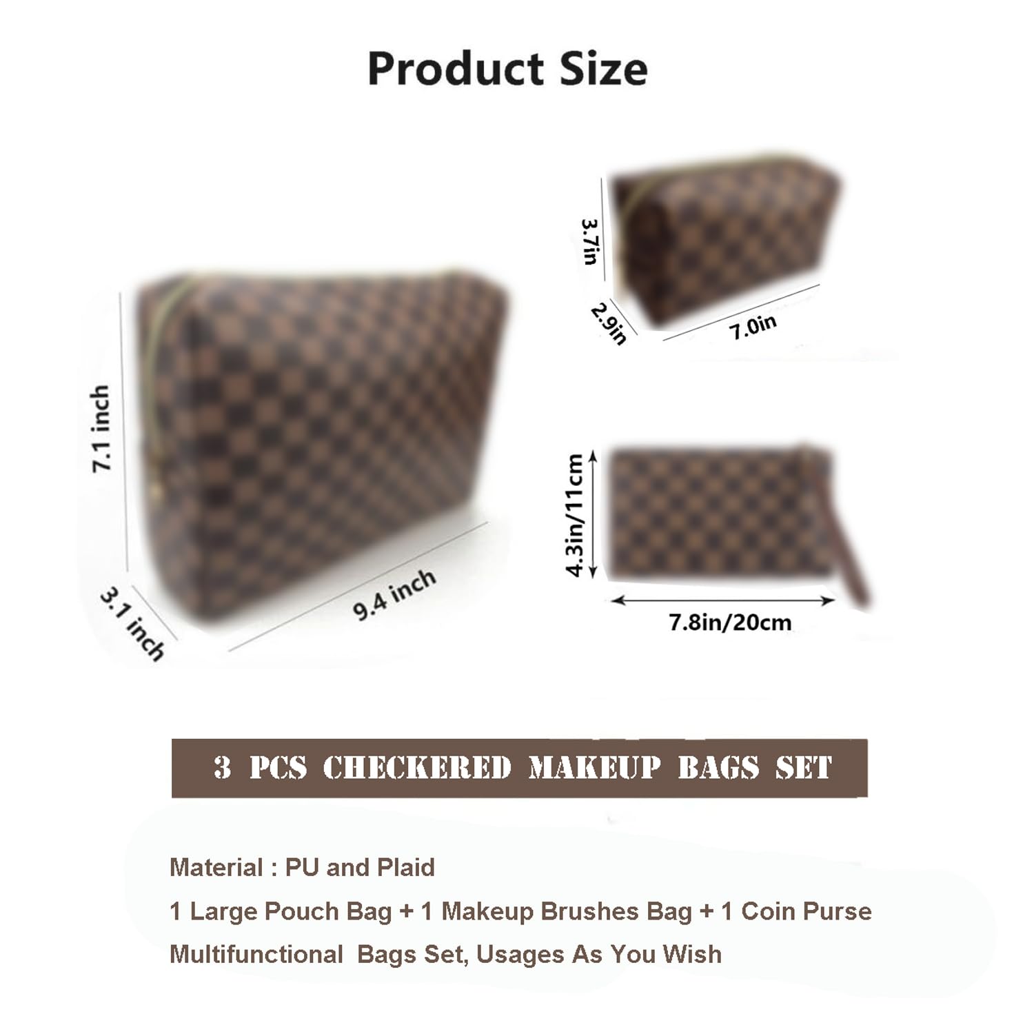 Bopomofo Brown Checkered Cosmetic Bag 3 Pack | 1 Big Pouch, 1 Makeup Brushes Holder, 1 Coin Purse | Lightweight Waterproof Travel Organizer