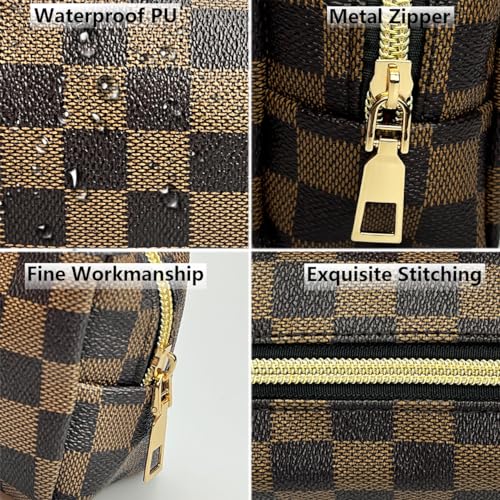 Bopomofo Makeup Bag Set 3 Pcs - Brown Checkered, Portable Organizer with Adjustable Partition