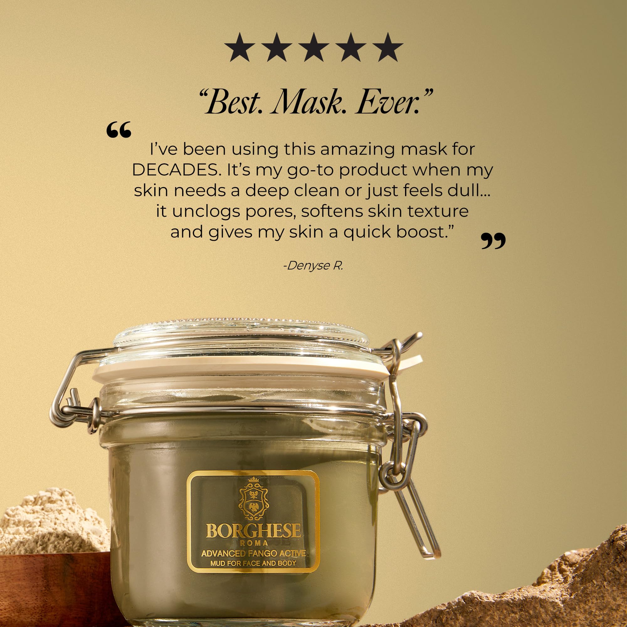 Borghese Advanced Fango Active Mud Mask for Face & Body – Bentonite Clay & Hyaluronic Acid, Normal to Oily Skin, 7.5 oz